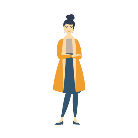 Young woman standing holding book, casual style, modern fashion. Female character yellow coat, blue pants, bun hairstyle, simple flat design. Confident lady book, stylish student, isolated whiteのイラスト素材
