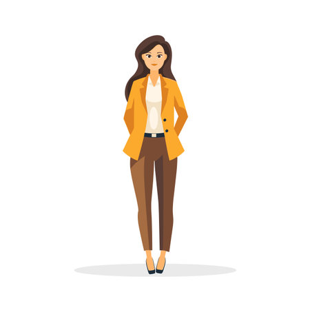 Young professional woman standing confidently, business casual attire. Female cartoon character yellow blazer, brown trousers, white top, heels. Modern entrepreneur, fulllength portrait, isolatedのイラスト素材