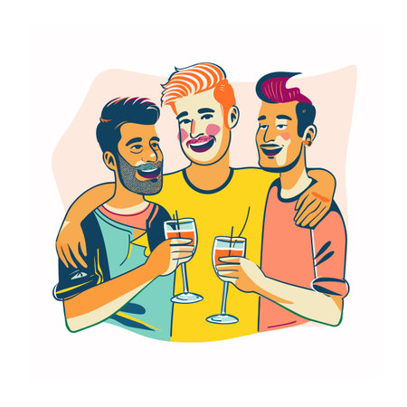 Three happy friends celebrating together, holding drinks, enjoying party. Young men smiling, casual clothing, bonding, cheerful gathering, diverse ethnicities. Illustration male friendship, joyousのイラスト素材