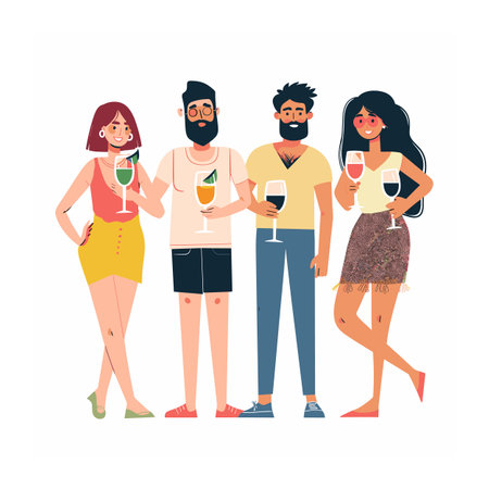 Four friends enjoying party, holding wine glasses, cheerful vibe. Group young adults, casual summer clothes, social gathering. Multicultural people toast, diverse men women, fun leisure timeのイラスト素材