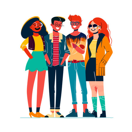 Four diverse young adults standing together smiling, fashionable, contemporary style. Male female characters wearing trendy glasses, casual stylish outfits, hipster fashion. Group friends, cheerfulのイラスト素材