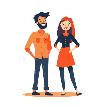 young bearded man woman standing confidently, both smiling looking forward, dressed casual clothing. Man orange shirt jeans, woman wearing dark blouse orange skirt, vector characters isolated whiteのイラスト素材