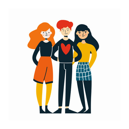 Three friends standing together smiling, simple geometric style, flat vector illustration. Young adults, casual attire, friendship concept, isolated white background. Cheerful men women, diverseのイラスト素材