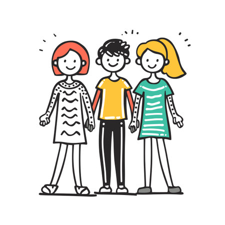 Three cartoon children standing together, smiling, happy, friendship, boys girls, colorful clothing, simple drawing style. Young friends group, diverse, joyful, stick figure illustration casualのイラスト素材