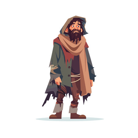 Homeless man looking tired destitute, wearing tattered clothes scarf. Character appears disheveled beard, standing against plain background. Digital illustration depicts person facing hardshipのイラスト素材