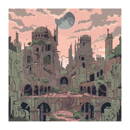 Futuristic cityscape illustration depicting dilapidated architecture under pink sky large moon stars. Ruined buildings arches convey postapocalyptic world no visible inhabitants. Scifi concept artのイラスト素材
