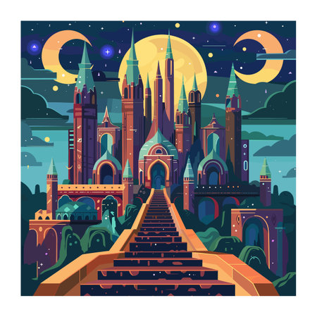 Fantasy castle illustration under night sky moon stars. Majestic palace stands atop grand staircase amidst celestial bodies. Enchanted castle graphic vibrant colors fantasy settingのイラスト素材