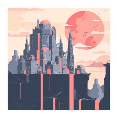 Fantasy castle illustration sunset, majestic pink sky large red sun. Medieval fortress digital artwork peaceful dusk scene, birds flying, towers spires. Retro futuristic cityscape, cascadingのイラスト素材