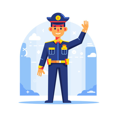 Friendly police officer cartoon smiling saluting. Male police character wearing uniform, badge, cap standing confidently. Vibrant illustration law enforcement, safety, community serviceのイラスト素材