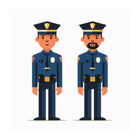 Two police officers standing side side, male, smiling, cartoon representation, ethnic diversity shown. Officers wearing blue uniforms, gold badges, belts, standing confidently, friendly lawのイラスト素材
