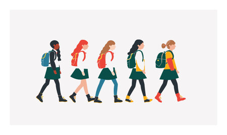Five diverse schoolgirls walking side side, flat vector style, student wears uniform consisting green skirt, white shirt, different colored sweaters, carry backpacks distinct hairstyles, walkingのイラスト素材