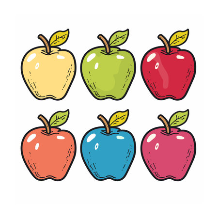 Six colorful apples cartoon style drawing, unique color yellow, green, red, orange, blue, pink. Fresh fruit illustration, handdrawn apples isolated white background, leaf detailのイラスト素材