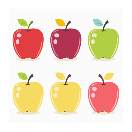 Six colorful apples vector illustration isolated white background. Red, maroon, green, light yellow, dark yellow, pink apples different colored leaves. Cartoon style fruit drawing healthy eatingのイラスト素材