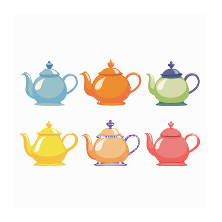 Six colorful teapots, unique design handles, isolated white background. Ceramic glass teapots various pastel shades blue, orange, green, yellow, purple, red. Kitchenware collection, flat designのイラスト素材