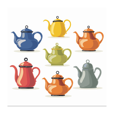 Colorful teapots arranged rows, various designs colors. Cartoonstyle teapot collection, kitchenware themed graphic. Assortment colorful teakettles, vector kitchen illustrationのイラスト素材