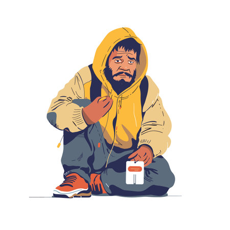 Man squatting down, looking tired distressed, holding onto yellow hoodie strings. Middleaged bearded male cartoon, dressed yellow jacket, blue pants, red shoes while posing small red white objectのイラスト素材