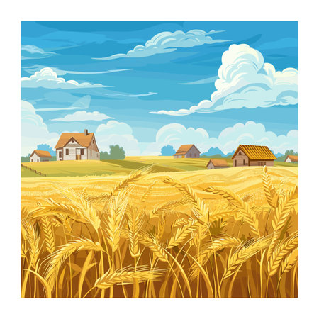 Ripe golden wheat field ready harvest, farmhouses barns rural landscape, clouds blue sky. Countryside scenery agricultural farm fields, golden wheat crops swaying, serene farmland view. Vibrantのイラスト素材