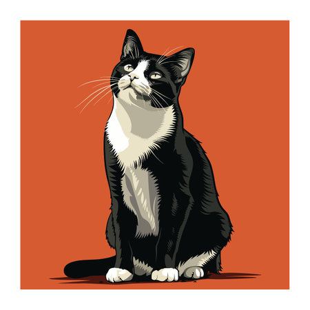 Black white tuxedo cat sitting looking up, orange background. Alert curious feline whiskers, detailed fur illustration. Domestic shorthaired pet attentive gaze, elegant postureのイラスト素材