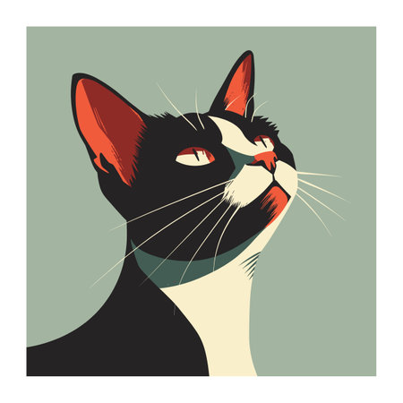 Black white cat illustration looking up, whiskers eyes detailed, green background. Closeup feline face modern art style, distinctive red ears, graphic design. Intrigued cat gaze, stylized petのイラスト素材