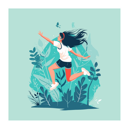 Young woman enjoying freedom nature, arms outstretched hair flowing, amidst green foliage butterfly. Female runner leaping joyfully, wearing casual sportswear, expressing joy vitality outdoorsのイラスト素材