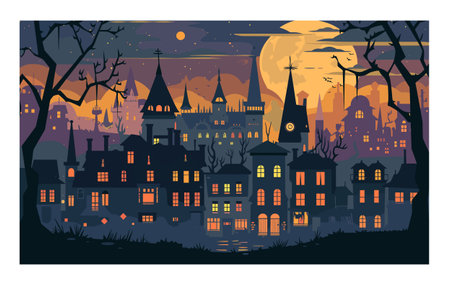 Halloween town scene full moon spooky night, haunted houses silhouettes against orange sky, bats flying, eerie atmosphere. Fantasy town landscape dark trees, creepy buildings, glowing windowsのイラスト素材