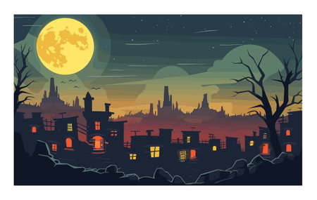 Stylish vector illustration twilight cityscape. Full moon lights up night sky, stars comets add mysticism. Silhouetted buildings barren trees create gothic atmosphereのイラスト素材