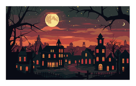 Halloween village under full moon glow, eerie night landscape, haunted houses lit up. Spooky town scene, dark silhouettes, twilight orange sky, creepy Halloween theme illustration. Trees framingのイラスト素材