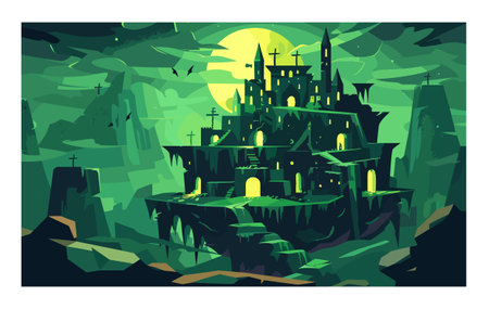 Haunted castle perched jagged cliffs under full moon, green eerie lighting, spooky atmosphere. Dark silhouettes flying bats around mysterious medieval fortress, gothic architecture. Fantasyのイラスト素材