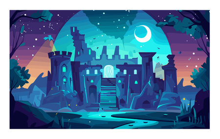 Fantasy castle illustration under moonlit sky, vibrant sunset hues, majestic towers ruins, mysterious nocturnal landscape. Enchanted medieval fortress forest, moon glowing, stars sparkling, magicのイラスト素材