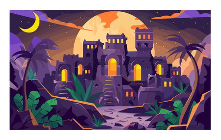 Fantasy castle lit moonlight nestled among exotic foliage under starry sky. Mysterious moonlit ruins palm trees evoke tales ancient civilizations. Illuminated windows dark castle towers suggestのイラスト素材