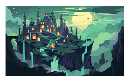 Majestic fantasy castle high atop mountain cliffs under moonlight, multiple towers glowing windows, waterfall staircases. Fantasy landscape featuring large moon, stars, drifting clouds, magicalのイラスト素材
