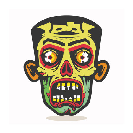 Zombie head cartoon graphic, green yellow zombie face, scary undead character illustration isolated background. Cartoon head, redeyed monster teeth bared, undead creature drawingのイラスト素材
