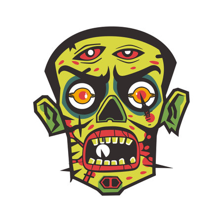 Colorful zombie head illustration horror themed design. Cartoon green zombie face yellow eyes red stitches vector graphic. Creepy undead head drawing Halloween isolated white backgroundのイラスト素材