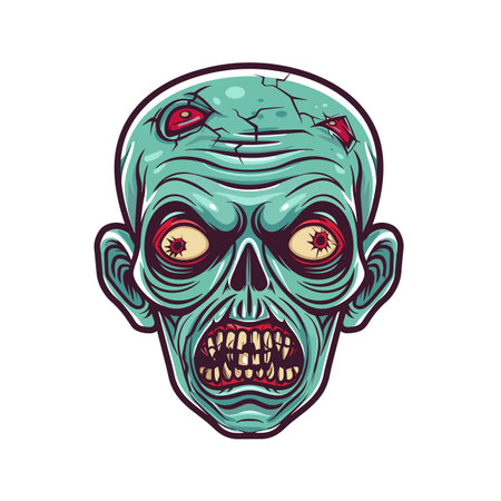 Zombie head illustration featuring detailed undead creature design. Greenskinned zombie face exposed teeth redeyed stare isolated white. Horrorthemed graphic showing decaying cracks woundsのイラスト素材
