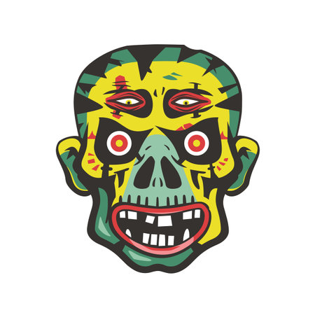 Vibrant zombie head design, featuring greenyellow skull red eyes open mouth. Horror pop art style undead illustration, perfect Halloween themes. Colorful zombie art isolated white background, spookyのイラスト素材