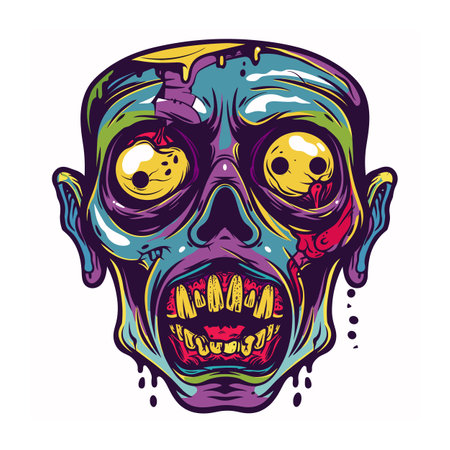 Descriptive image search engine Colorful zombie skull melting, dripping vibrant hues, horror themed graphic. Vivid undead head, yellow eyes, open mouth, teeth visible, psychedelic colorsのイラスト素材