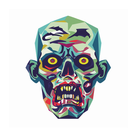 Geometric zombie head illustration showing colorful undead features, frightening expression. Multicolored abstract zombie portrait, horror theme, detailed facial features, yellow eyes, snarlingのイラスト素材