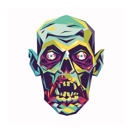 Colorful geometric zombie head illustration isolated white background. Abstract cubist style undead character graphic design. Multicolored polygonal Halloween monster artworkのイラスト素材