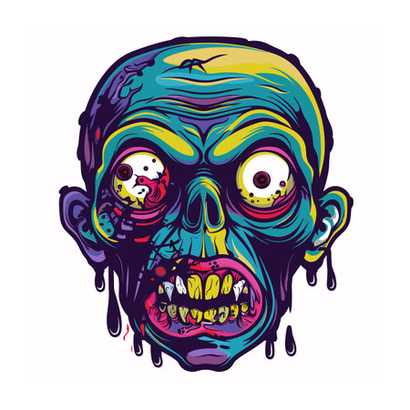Colorful zombie head illustration dripping vibrant hues. Zombie face design popping eyes melting features suitable Halloween. Funky undead graphic cartoonish skull eye socket poppingのイラスト素材