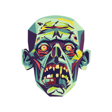 Zombie face colorful geometric design, menacing red eyes mouth open roar. Illustration has green tones sharp angles highly stylized. Zombie head features intense expression, isolated whiteのイラスト素材