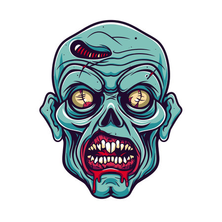 Zombie head illustration worm forehead, rotting flesh blood. Turquoise undead face bulging eyes, gory mouth open showing teeth. Horror themed graphic, cartoon style zombie characterのイラスト素材