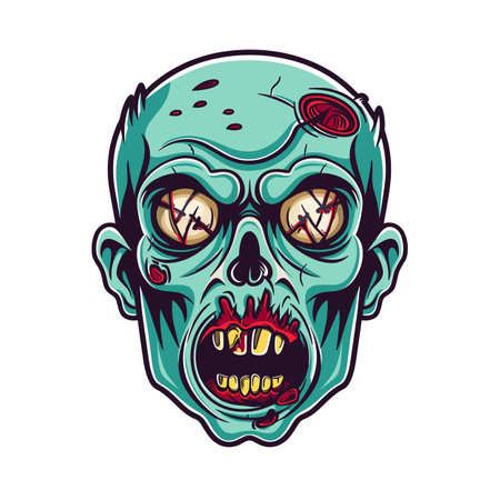 Zombie head illustration depicting horror theme. Greenskinned undead face exposed brain, yellowed teeth, red eyes. Cartoonish design zombie Halloween graphicsのイラスト素材