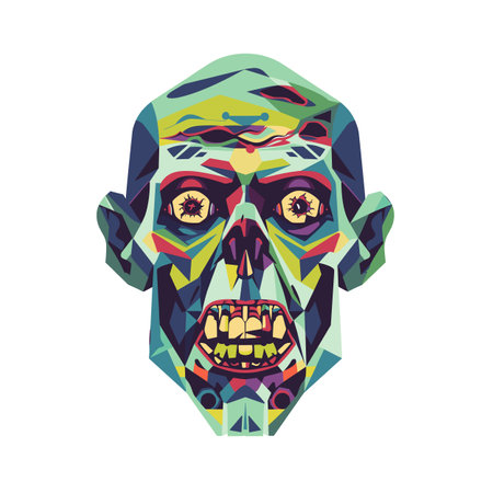 Abstract geometric zombie head illustration, colorful undead face graphic art. Multicolored polygonal patterns creating monstrous portrait, creative scary design white background. Modern digitalのイラスト素材