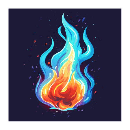 Vivid fire flame colorful illustration, blue orange blazing unique design against dark background. Stylized artistic fiery element, concept graphic warmth, energy, passion. Abstract fire drawingのイラスト素材