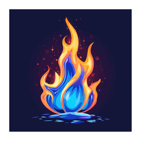 Vibrant blue orange flames vector illustration, fiery design sparks, intense fire graphics. Cartoon style fire, artistic representation flames, bright colors used depict heat energy. Dynamic flameのイラスト素材
