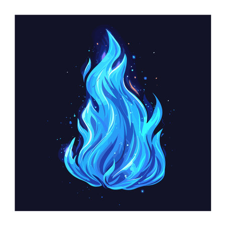 Blue flame illustration vibrant hues sparks. Stylized blue fire graphic design against dark background. Vivid navy flames isolated white backgroundのイラスト素材