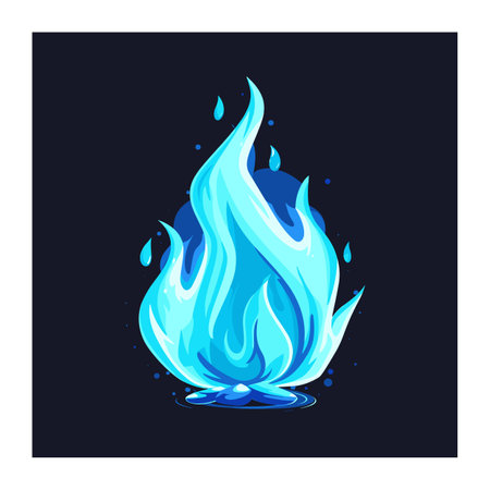 Blue fiery flames illustration vibrant cool hues glowing against dark background. Stylized blue fire graphic design element energy fantasy game asset. Magic flame cartoon style elemental iconのイラスト素材