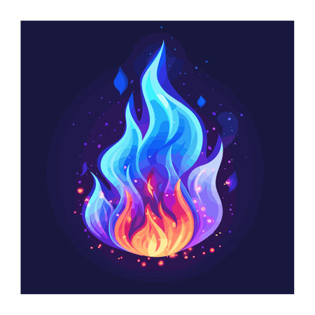 Vibrant colorful flames engulfing space, hues blue purple merging fire. Animated style blaze dynamic motion, glowing embers dotting dark backdrop. Enigmatic abstract inferno, digital artistryのイラスト素材
