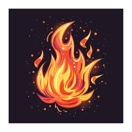 Vivid orange flames yellow sparkles against dark background. Cartoonstyle fire dynamic red orange gradient. Graphic design stylized fire suitable branding logosのイラスト素材