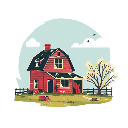 Red farmhouse surrounded nature, serene country setting, rustic architecture. Spring vibe, blooming tree, quaint countryside landscape, peaceful home illustration. Vintage rural house, farm sceneのイラスト素材